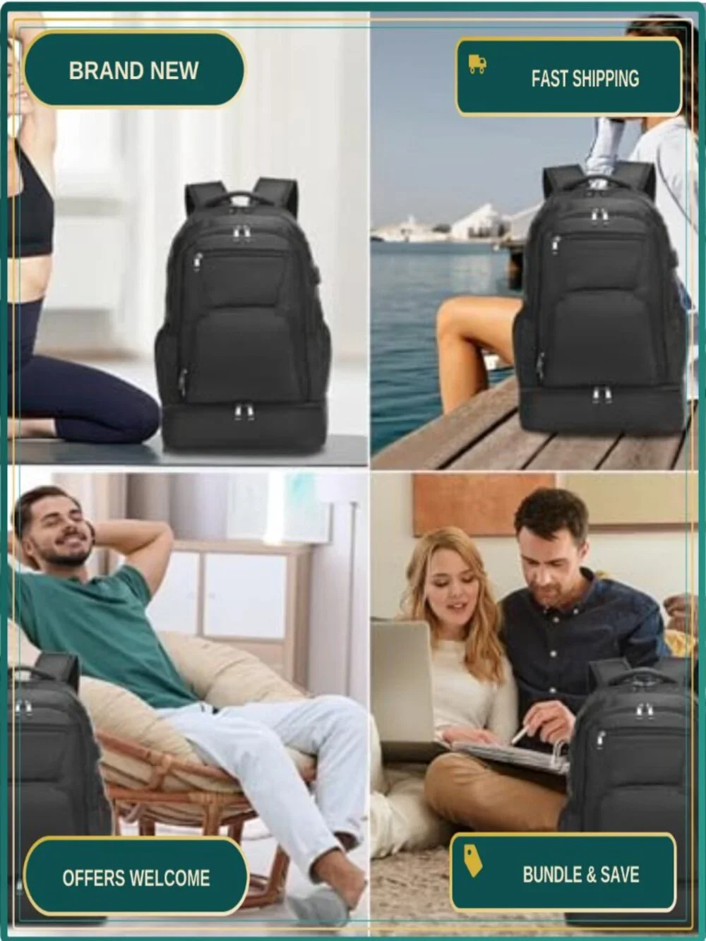 Gym Backpack with Shoe Compartment Waterproof USB Charging Travel Laptop Daypack
